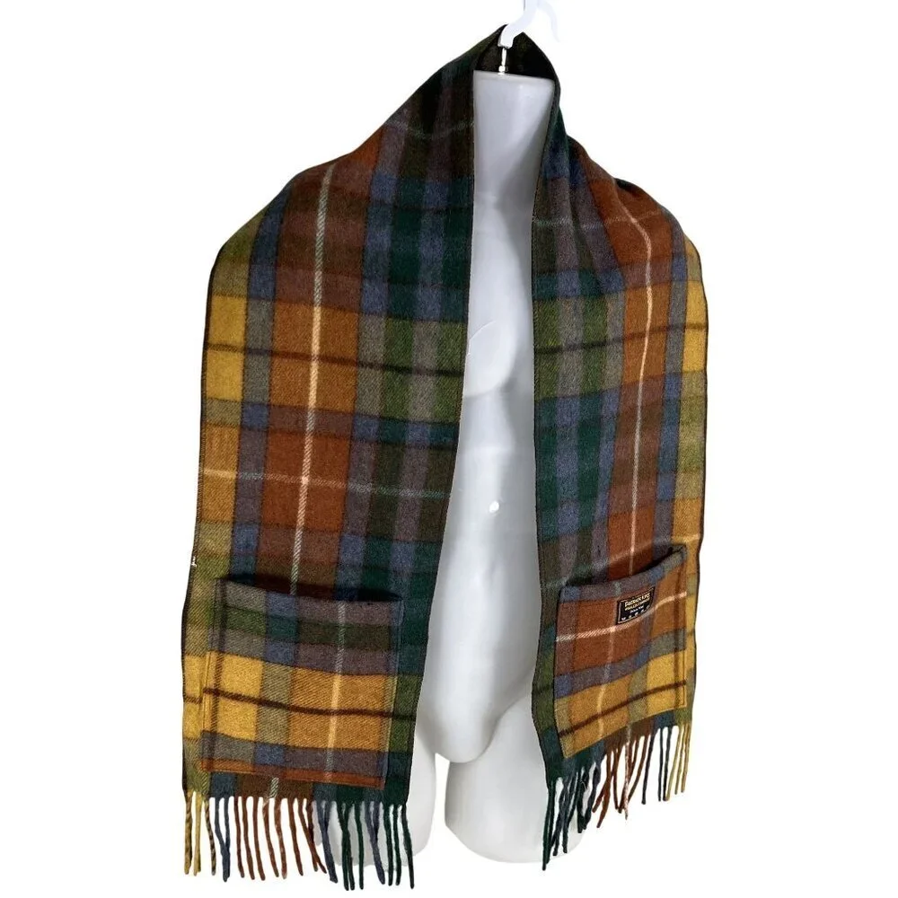 Patrick King Woollen Co. Deluxe Wool Tartan Plaid Scarf Pockets Fringe Preppy